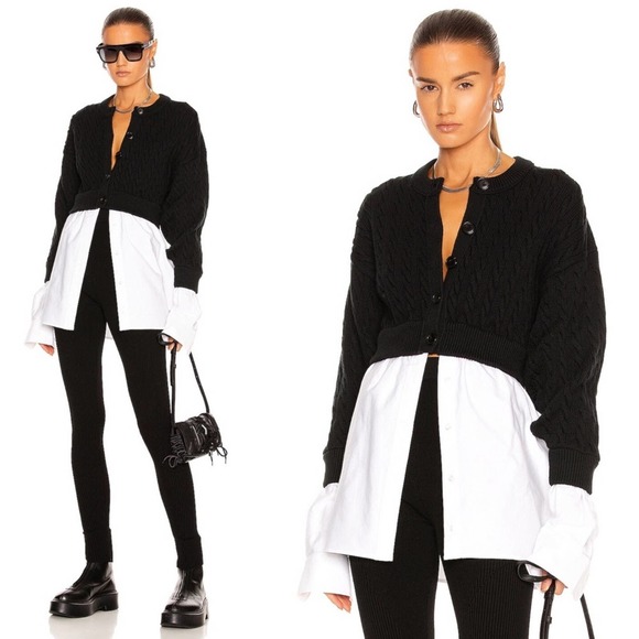 Alexander Wang Bi-Layer Cable Knit Cardigan in Black & White - Picture 3 of 14
